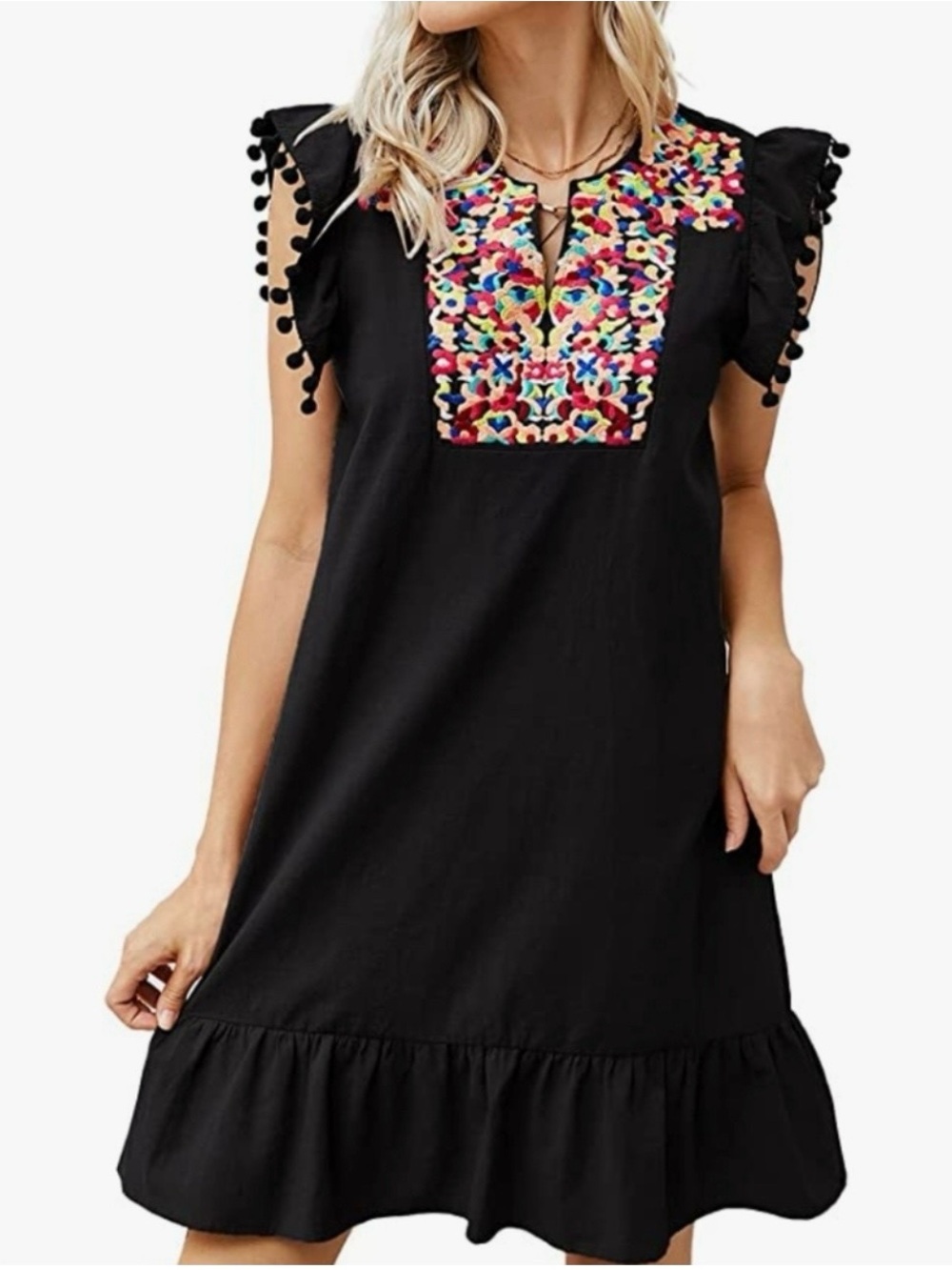 Black Embroidered Pom-Sleeve Mini Dress